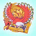  animal_focus artist_name beak bird_tail blue_background commentary feathered_wings feathers fire green_feathers ho-oh lowres no_humans pokemon pokemon_(creature) red_eyes red_feathers tail talons twitter_username vaahlkult wings 