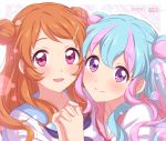  2girls :d absurdres aikatsu!_(series) aikatsu_stars! blue_hair blue_sailor_collar blush brown_hair closed_mouth dated double_bun english_text hair_ornament hairclip hanazono_kirara hand_up happy_birthday highres holding_hands interlocked_fingers long_hair looking_at_viewer multicolored_hair multiple_girls oozora_akari open_mouth pink_eyes pink_hair purple_neckwear red_neckwear sailor_collar school_uniform sekina serafuku shirt smile streaked_hair white_shirt 