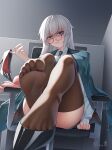  1girl absurdres artist_name blue_eyes chair collared_shirt commission disgust feet foot_focus foreshortening girls&#039;_frontline glasses gradient_hair highres holding holding_shoes indoors jacket jacket_on_shoulders long_hair looking_at_viewer lwmmg_(girls&#039;_frontline) mimuxiao multicolored_hair necktie office_chair pixiv_commission shaded_face shirt shoes single_shoe sitting soles solo swivel_chair thighhighs thighs toenails toes two-tone_hair unworn_shoes white_hair 