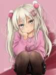  1girl akino_shuu black_skirt blue_eyes blush bow brown_pantyhose commentary_request feet_out_of_frame grecale_(kancolle) grey_hair hair_between_eyes hair_bow head_tilt kantai_collection long_hair long_sleeves looking_at_viewer panties panties_under_pantyhose pantyhose pink_background pink_bow pink_shirt pleated_skirt polka_dot polka_dot_skirt puffy_long_sleeves puffy_sleeves shirt skirt solo squatting twitter_username two_side_up underwear very_long_hair white_panties 