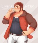 1boy akashi_(live_a_hero) bara blush bulge cowboy_shot facial_hair finger_to_cheek flying_sweatdrops goatee highres jacket large_pectorals live_a_hero long_sideburns looking_at_viewer male_focus muscular muscular_male official_alternate_costume pants pectorals red_eyes red_hair rubbing_nose scar scar_on_face scar_on_nose short_hair shy sideburns solo standing thick_eyebrows watanukitail 