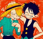  2boys ^_^ belt black_hair black_shirt blonde_hair blue_shorts cigarette closed_eyes commentary_request curly_eyebrows facial_hair goatee hand_in_pocket hand_on_headwear hand_on_own_hip hat highres larugo0513 looking_at_another male_focus multiple_boys one_piece orange_background sanji_(one_piece) scar scar_on_face shirt short_hair shorts sleeveless sleeveless_shirt straw_hat striped_clothes striped_shirt vertical-striped_clothes vertical-striped_shirt 