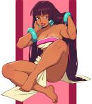  1girl barefoot black_hair bracelet breasts brown_eyes chel_(the_road_to_el_dorado) cleavage dark-skinned_female dark_skin earrings feet highres jewelry long_hair looking_to_the_side medium_breasts nail_polish pelvic_curtain pink_tube_top red_nails sitrusimp sitting solo strapless the_road_to_el_dorado toenail_polish toenails toes tube_top two-tone_tube_top white_tube_top 