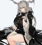  1girl arknights black_cloak blush breasts brown_eyes cloak closed_mouth commentary demon_horns double-breasted dress eyebrows_visible_through_hair grey_background hair_between_eyes hand_on_own_chest highres horns lap_pillow_invitation large_breasts light_smile long_hair looking_at_viewer mikojin pointy_ears shining_(arknights) short_dress silver_hair simple_background sitting solo thighs white_dress 