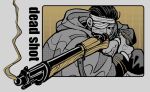  1boy arisaka bandaged_head bandages black_hair black_jacket bolt_action cloak crossed_arms english_text golden_kamuy grey_cloak gun hair_slicked_back halftone holding holding_gun holding_weapon hood hood_down hooded_cloak jacket looking_at_viewer male_focus military_uniform ogata_hyakunosuke one_eye_covered outside_border rifle smoke_trail solo tege_(tege_xxx) undercut uniform weapon 