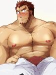  1boy abs akashi_(live_a_hero) bara bulge bulge_press cowboy_shot erection erection_under_clothes facial_hair goatee highres kaeru333938123 large_pectorals live_a_hero long_sideburns looking_at_viewer male_focus male_underwear muscular muscular_male navel nipples open_fly pectorals red_eyes red_hair red_male_underwear scar scar_on_face scar_on_nose short_hair shy sideburns solo stomach strongman_waist thick_eyebrows topless_male underwear 