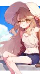  1girl belt blonde_hair blue_sky blush cloud hat holding holding_clothes holding_hat long_bangs long_hair midriff original outdoors rimukoro sitting sky solo sun_hat thick_eyebrows very_long_hair yellow_eyes 