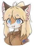 2024 ahoge american_flag anthro blonde_hair blue_eyes blush breasts bust_portrait canid canine clothed clothing cute_fangs digital_media_(artwork) female female_anthro fox fur hair happy hi_res inner_ear_fluff kemono kloe_mone looking_at_viewer mammal open_mouth portrait simple_background solo tan_body tan_fur tuft united_states_of_america white_background white_body white_fur