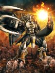  armor black_hair black_skin blackwargreymon blonde_hair claws colored_skin crotch_plate digimon dragon fire helmet horns looking_at_viewer mechanical_wings short_hair shoulder_armor signature slashing solo spiked_hair spikes standing taqrider thighs variant_set wings yellow_eyes 