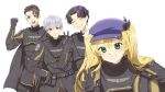  1girl 3boys armor black_cape black_eyes black_gloves black_hair blonde_hair blue_headwear cape character_request closed_eyes cosplay darkgreyclouds dokibird_(vtuber) earrings gloves green_eyes han_byeol hat helldiver_(helldivers) helldiver_(helldivers)_(cosplay) helldivers_(series) indie_virtual_youtuber jewelry looking_at_viewer multiple_boys red_eyes rpr simple_background single_earring smile twintails upper_body v virtual_youtuber white_background white_hair 