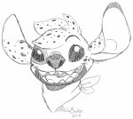  2018 alien black_and_white clothing disney experiment_(lilo_and_stitch) fan_character fur headshot_portrait kerchief kerchief_only lilo_and_stitch looking_at_viewer male meowimator monochrome mostly_nude neckerchief_only open_mouth open_smile oreo_(citrusdenny) portrait semi-anthro signature simple_background sketch smile solo spots spotted_body spotted_fur white_background 
