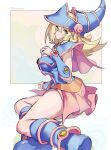  1girl absurdres bare_shoulders blonde_hair blue_footwear blue_headwear blush_stickers boots breasts choker cleavage dark_magician_girl duel_monster green_eyes hair_between_eyes hat highres huanxiang_huifeng large_breasts long_hair looking_at_viewer solo wizard_hat yu-gi-oh! yu-gi-oh!_duel_monsters 