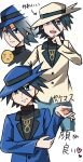  1boy alternate_color arrow_(symbol) blue_eyes blue_hair blue_headwear blue_jacket heart jacket male_focus mtgrslove376 multiple_views pokemon pokemon_dppt pokemon_masters_ex pokemon_platinum riley_(pokemon) solo sparkle white_headwear 