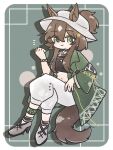  1girl animal_ear_fluff animal_ears arknights blush brown_hair closed_mouth commentary_request crop_top crossed_legs drooling ears_through_headwear full_body green_eyes green_jacket grey_footwear grey_pants hair_between_eyes hair_through_headwear hand_up high_heels highres jacket long_sleeves meteor_(arknights) meteor_(bard&#039;s_holiday)_(arknights) midriff navel notice_lines nunnuje_a_u_e open_clothes open_jacket pants ponytail puffy_pants shoes smile solo tail wide_sleeves 