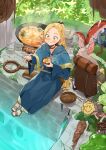  1girl :q absurdres aqua_cape aqua_robe asymmetrical_bangs blonde_hair blush bowl brown_bag cape chankuro commentary dungeon_meshi eating elf food food_on_face forehead green_eyes highres holding holding_bowl holding_spoon long_hair marcille_donato meat octopus pointy_ears ponytail sitting smile solo spoon staff steam stew tongue tongue_out very_long_hair 