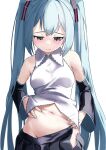  1girl absurdres aqua_hair bare_shoulders blush breasts collared_shirt grey_eyes hands_on_own_stomach hatsune_miku highres long_hair looking_down satou_(www_nemu) shirt skirt small_breasts solo stomach sweat twintails very_long_hair vocaloid white_shirt 
