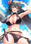  1girl arm_up bikini black_bikini blue_eyes blue_hair blue_sky breasts byleth_(female)_(fire_emblem) byleth_(female)_(summer)_(fire_emblem) byleth_(fire_emblem) cleavage cloud dagger fire_emblem fire_emblem:_three_houses fire_emblem_heroes flower hair_flower hair_ornament highres knife large_breasts nakabayashi_zun official_alternate_costume open_mouth revision sheath sheathed sky solo swimsuit weapon 