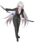  1girl absurdres acheron_(honkai:_star_rail) alternate_costume black_footwear black_jacket black_pants black_suit breasts business_suit cleavage commentary english_commentary full_body hair_over_one_eye highres holding holding_sword holding_weapon honkai:_star_rail honkai_(series) jacket katana long_hair long_sleeves looking_at_viewer medium_breasts official_alternate_eye_color official_alternate_hair_color official_alternate_hair_length official_alternate_hairstyle pants pepepp39 red_eyes scabbard sheath sheathed shoes solo suit sword very_long_hair weapon white_hair 