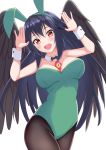  1girl :d absurdres animal_ears bird_wings black_hair black_legwear black_wings blush breasts bunny_ears cleavage commentary_request contrapposto cowboy_shot detached_collar fake_animal_ears green_leotard highres large_breasts leotard long_hair looking_at_viewer o1118 open_mouth pantyhose playboy_bunny red_eyes reiuji_utsuho simple_background smile solo touhou upper_teeth very_long_hair white_background wings wrist_cuffs 