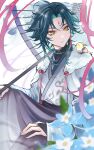  1boy animal_on_shoulder aqua_hair bird bird_on_shoulder blue_flower blue_hair bridal_gauntlets cape earrings eyeshadow flower fur-trimmed_cape fur_trim genshin_impact high_collar highres holding holding_umbrella japanese_clothes jewelry kimono looking_to_the_side makeup male_focus mandarin_collar miyumiyu_nu multicolored_hair parasol red_eyeshadow red_tassel short_hair sitting solo tassel tassel_earrings umbrella white_kimono xiao_(genshin_impact) 