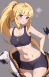  1girl ass_visible_through_thighs black_shorts black_sports_bra blonde_hair blush bodysuit breasts campbell_xx cleavage collarbone commentary floating_hair grey_background gundam gundam_tekketsu_no_orphans hair_ornament hair_scrunchie highres kudelia_aina_bernstein large_breasts long_hair looking_at_viewer midriff navel open_bodysuit open_clothes parted_lips ponytail purple_eyes red_scrunchie scrunchie short_shorts shorts simple_background solo spacesuit sports_bra steaming_body sweat teeth thigh_gap very_long_hair white_bodysuit zero_gravity 