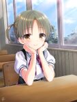  1girl blush bow brown_eyes c: chaamii classroom closed_mouth commentary_request day desk elbows_on_table hands_on_own_cheeks hands_on_own_face head_rest highres hotori_kogara indoors koibana_ren&#039;ai light_rays looking_at_viewer plaid plaid_bow puffy_short_sleeves puffy_sleeves purple_bow school_desk school_uniform shirt short_hair short_sleeves short_twintails signature sitting skirt smile solo sunbeam sunlight suspender_skirt suspenders tsurime twintails upper_body white_shirt window 