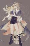  1boy albedo_(genshin_impact) animal_ears bare_legs black_footwear black_shorts black_socks blonde_hair boots cape cat_ears cat_tail full_body genshin_impact grey_background grey_eyes high-waist_shorts high_heel_boots high_heels highres long_sleeves omochichi96 puffy_sleeves shirt shoelaces short_shorts shorts simple_background socks solo standing tail white_shirt 