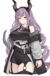  1girl absurdres arknights black_thighhighs breasts coat covered_navel cropped_legs garter_straps highres horns large_breasts long_hair purple_eyes purple_hair rain_(rain8649) tail thighhighs typhon_(arknights) white_background 