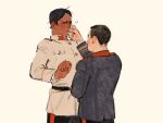  2boys black_hair black_pants brown_jacket chengongzi123 closed_eyes closed_mouth dark-skinned_male dark_skin facing_another golden_kamuy grey_jacket hand_on_another&#039;s_face hand_up hands_up highres jacket koito_otonoshin long_sleeves male_focus military_uniform multiple_boys pants short_hair simple_background standing tsukishima_hajime uniform upper_body very_short_hair wiping_face yellow_background 