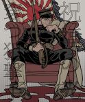  1boy black_hair black_jacket black_pants blood blood_splatter boots brown_footwear buttons chair closed_mouth collared_jacket facial_hair goatee golden_kamuy gun gun_sling hair_slicked_back halftone hand_on_own_cheek hand_on_own_face hat highres holding holding_gun holding_weapon imperial_japanese_army jacket knee_boots looking_at_viewer male_focus military_uniform ogata_hyakunosuke one_eye_closed pants rifle shako_cap shoe_soles short_hair sitting smile solo spread_legs tege_(tege_xxx) undercut uniform weapon 