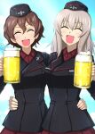  2girls :d alcohol arm_around_waist beer beer_mug black_headwear black_jacket blue_sky brown_hair closed_eyes cloud cloudy_sky commentary cup day dress_shirt facing_viewer garrison_cap girls_und_panzer grey_hair hat highres holding holding_cup insignia itsumi_erika jacket kuromorimine_military_uniform long_sleeves medium_hair military_hat military_uniform mug multiple_girls nishizumi_maho omachi_(slabco) open_mouth outdoors red_shirt red_skirt shirt short_hair side-by-side skirt sky smile uniform wing_collar 