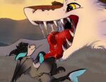 absurd_res anthro bodily_fluids canid canine duo erection fish fur furred_marine furred_shark genitals hi_res imminent_vore male male/male mammal marine mouth_shot odin_(wulframite) open_mouth penis ribbed_tongue saliva saliva_on_tongue saliva_string sergal shark sharp_teeth shyryp simple_background size_difference smile teeth tongue tongue_out wulframite
