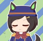  1girl :3 animal_ears black_hair blue_background blue_headwear blue_jacket blush bow chibi closed_eyes closed_mouth ears_through_headwear epaulettes facing_viewer gomashio_(goma_feet) green_background hair_ornament hairclip horse_ears horse_girl horse_tail jacket outline red_bow solo striped_background striped_bow swept_bangs tail two-tone_background umamusume upper_body v-shaped_eyebrows white_outline winning_ticket_(umamusume) 