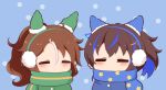  2girls =_= animal_ears blue_background blue_hair blue_jacket blue_scarf blush brown_hair chibi closed_eyes daitaku_helios_(umamusume) earmuffs gomashio_(goma_feet) green_jacket green_scarf hair_between_eyes hair_ornament hairclip horse_ears jacket mejiro_palmer_(umamusume) multicolored_hair multiple_girls ponytail print_scarf scarf side_ponytail simple_background snowing star_(symbol) star_hair_ornament star_print streaked_hair umamusume upper_body white_hair 