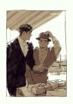  2boys chengongzi123 closed_mouth collared_jacket collared_shirt corrugated_galvanised_iron_sheet facial_hair goatee_stubble golden_kamuy hand_on_headwear hand_up hat_tip highres jacket koito_otonoshin long_sleeves looking_at_another looking_at_object male_focus monochrome multiple_boys open_mouth outdoors sepia shirt short_hair stubble suit tsukishima_hajime upper_body very_short_hair wagon 