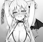  1girl armpit_hair armpits arms_up bikini blue_archive blush bow breasts cleavage condom condom_packet_strip condom_wrapper greyscale grin hair_bow haruna_(blue_archive) heart heart_in_eye highres holding holding_condom kurosteel_ds large_breasts long_hair looking_at_viewer monochrome single_wing smile solo swimsuit symbol_in_eye upper_body wing_piercing wings 