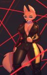 anthro breasts camel_toe canid canine clothed clothing diane_foxington dreamworks elmilagro eyebrow_piercing facial_piercing female fox genitals hi_res leather leather_clothing mammal nipples piercing pinup pose presenting pussy solo teasing the_bad_guys thick_thighs undressing wide_hips