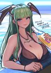  1girl absurdres ap_cammy bat_necklace blunt_bangs bottle breasts cleavage green_eyes green_hair head_wings highres hime_cut holding holding_bottle jewelry large_breasts looking_at_viewer morrigan_aensland necklace pool smile solo upper_body vampire_(game) wings 