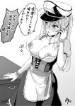  1girl abo_(hechouchou) apron blush breasts breasts_out commission cross cross_necklace dirndl flying_sweatdrops german_clothes graf_zeppelin_(kancolle) greyscale hair_between_eyes hat highres jewelry kantai_collection large_breasts long_hair monochrome necklace nipples nose_blush open_mouth peaked_cap short_sleeves signature skeb_commission solo translation_request twintails waist_apron 