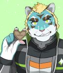 anthro blonde_hair blue_body blue_fur candy chocolate dessert food fur green_eyes grin hair inugoya_sleep lifewonders live_a_hero looking_at_viewer male pawpads rexer smile solo striped_body striped_fur stripes