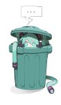  ... 1girl absurdres ahoge cable_hair cheri_zao green_eyes hatsune_miku hiding highres long_hair ringed_eyes simple_background speech_bubble trash_can twintails vocaloid white_background 