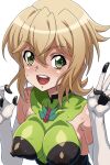  1girl absurdres akatsuki_kirika blonde_hair blush breasts covered_nipples elbow_gloves gloves green_eyes green_leotard highres impossible_clothes impossible_leotard leotard looking_at_viewer medium_breasts open_mouth senki_zesshou_symphogear shiny_clothes shiny_skin short_hair simple_background skin_tight smile solo sweat syunzou upper_body v white_background 