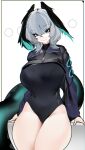  1girl absurdres aqua_eyes aqua_wings arknights black_one-piece_swimsuit black_wings breasts feathered_wings grey_hair hair_between_eyes head_wings highres ho&#039;olheyak_(arknights) large_breasts long_sleeves long_tail looking_at_viewer medium_hair naxius_noxy one-piece_swimsuit sidelocks simple_background snake_tail solo swimsuit tail thighs two-tone_wings wings 