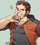  1boy akashi_(live_a_hero) bara covering_own_mouth daco_choco facial_hair goatee grin hand_over_own_mouth highres live_a_hero long_sideburns looking_at_viewer male_focus muscular muscular_male official_alternate_costume one_eye_closed pectoral_cleavage pectorals red_eyes red_hair scar scar_on_face scar_on_nose short_hair sideburns smile solo sparkle thick_eyebrows upper_body 