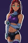  1girl absurdres ai-generated bare_shoulders belt breasts colored_sclera colored_skin dc_comics green_eyes green_sclera highres loincloth long_hair midriff navel orange_skin purple_tank_top red_hair redpostit starfire tank_top teen_titans thighhighs thighs turtleneck 