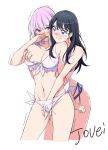  2girls absurdres artist_name bikini black_bikini black_hair blue_bikini blue_eyes blush breasts closed_mouth commentary_request covered_nipples cropped_legs fingering gridman_universe groping highres jovei large_breasts long_hair multiple_girls navel open_mouth pink_hair purple_eyes pussy_juice shinjou_akane short_hair simple_background smile ssss.gridman stomach swimsuit takarada_rikka white_background white_bikini yuri 