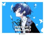  1boy air_bubble artist_logo artist_name blue_background blue_eyes blue_hair border bubble bug butterfly copyright_name digital_media_player extraspiky from_side gekkoukan_high_school_uniform green_ribbon headphones highres looking_up male_focus neck_ribbon parted_lips persona persona_3 persona_3_reload portrait ribbon school_uniform short_hair simple_background solo upper_body white_border yuuki_makoto_(persona_3) 