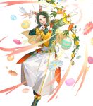  1boy animal_ears arrow_(projectile) attack bow_(weapon) drawing_bow egg fake_animal_ears fire_emblem fire_emblem:_three_houses fire_emblem_heroes flower gloves green_footwear green_hair hair_tie highres holding holding_bow_(weapon) holding_weapon linhardt_von_hevring linhardt_von_hevring_(spring) long_hair non-web_source open_mouth ponytail rabbit_ears solo weapon white_gloves 