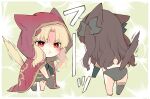  2girls animal_ears azumi_(myameco) black_bow black_hair blonde_hair bow cape cat_ears cat_girl cat_tail chibi commentary ereshkigal_(fate) fate/grand_order fate_(series) green_background hood hooded_cape ishtar_(fate) long_hair multiple_girls red_cape red_eyes siblings sisters symbol-only_commentary tail 