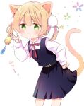  1girl :3 animal_ears arm_up belt blonde_hair blue_shirt blue_skirt cat_ears cat_girl cat_tail crime_prevention_buzzer green_eyes hair_ornament hand_on_own_hip highres index_finger_raised indie_virtual_youtuber leaning_forward long_hair nanami_ayane_(kusunoki5050) pleated_skirt pom_pom_(clothes) pom_pom_hair_ornament school_uniform shigure_ui_(vtuber) shigure_ui_(vtuber)_(young) shirt shukusei!!_loli-gami_requiem skirt smile solo tail twintails white_shirt 